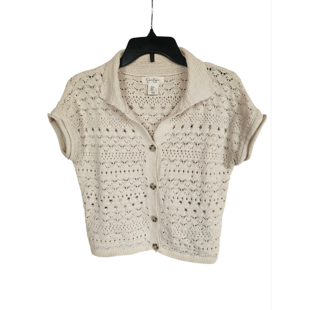 Jessica Simpson Boho Crochet Short Sleeve Cardigan Small Cottagecore Cream EUC - Picture 2 of 5